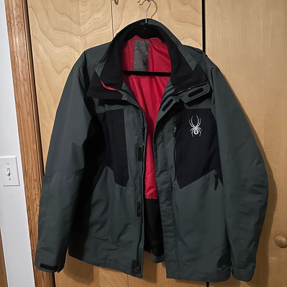 Spyder Men's Dark Gray and Black Ski Jacket with Red Interior